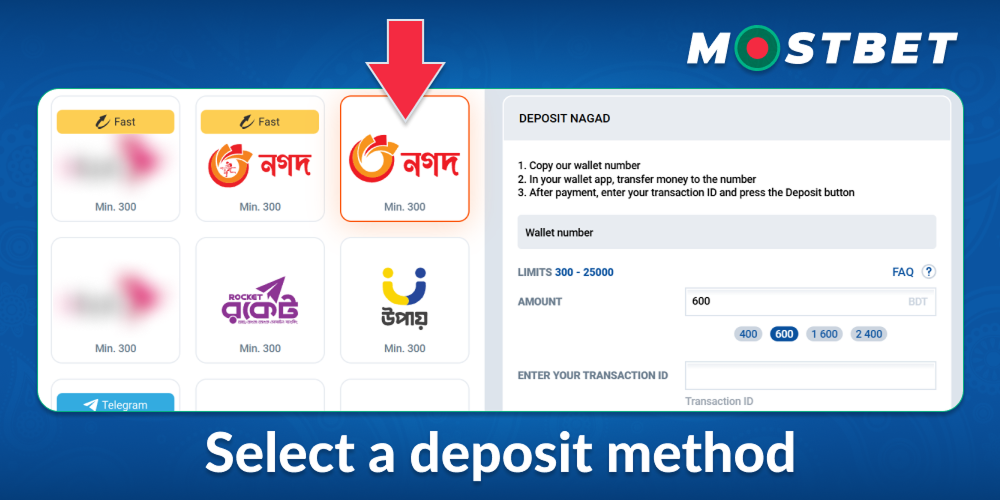 Select a deposit method in Mostbet BD
